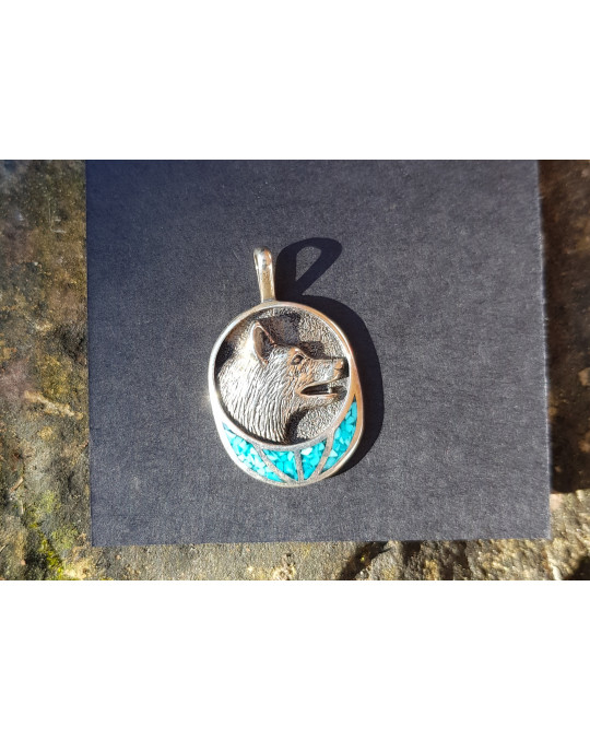 Silberanhänger -  Wolf  - mit Türkis-Inlay